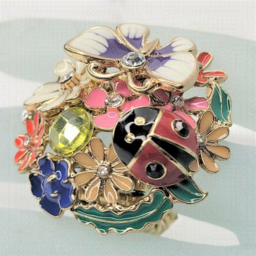 Ladybug Ring, Stretch Ring Enamel Multi Dimensional Colorful Stretch Band- NEW